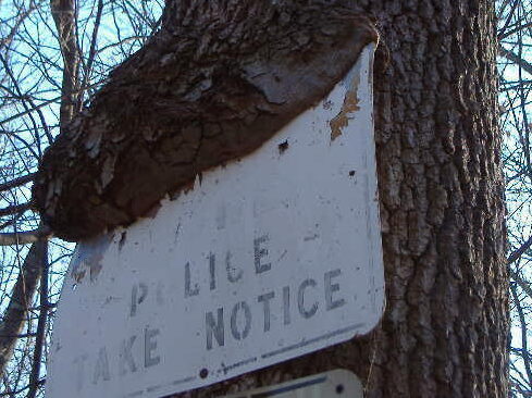 A "police take notice" sign overgrown by tree bark